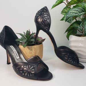 Manolo Blahnik Black Leather Laser-Cut & Silver inlay Peep-Toe D'Orsay 39/8.5